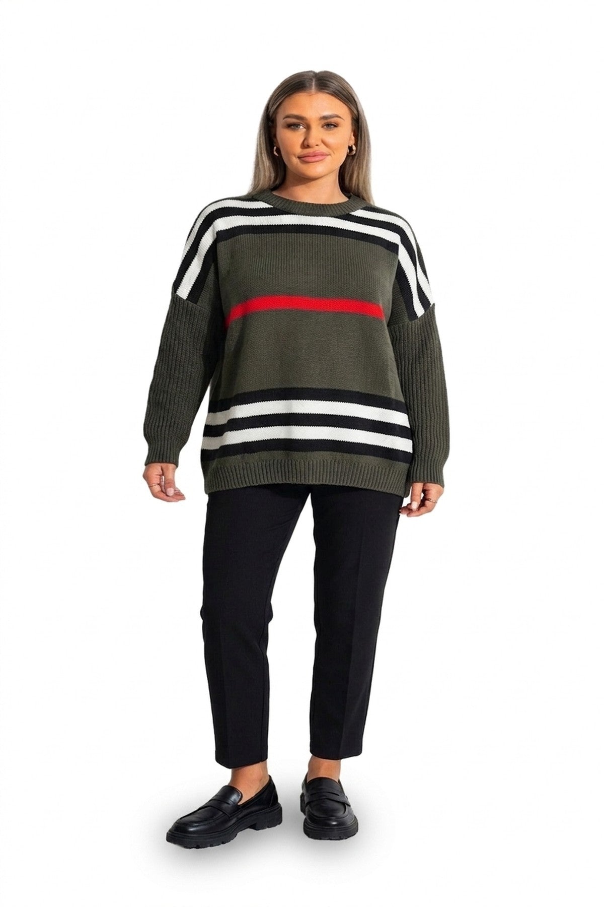Ava Oversized Striped Long Sleeve Knitted Jumper - Khaki