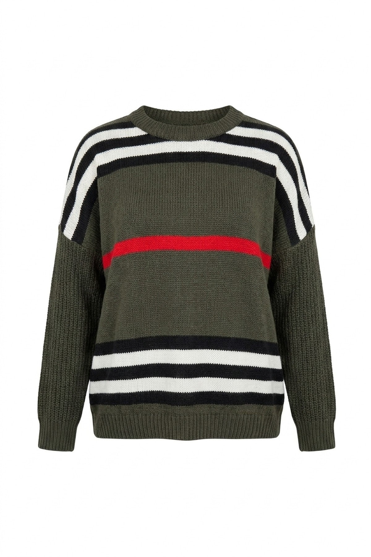Ava Oversized Striped Long Sleeve Knitted Jumper - Khaki_wb