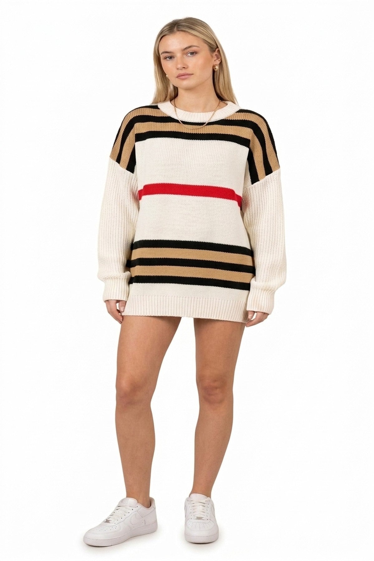 Ava Oversized Striped Long Sleeve Knitted Jumper - White_wb