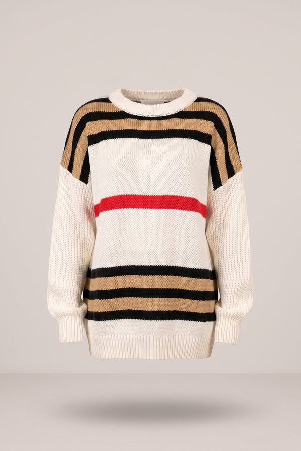 Ava Oversized Striped Long Sleeve Knitted Jumper - White