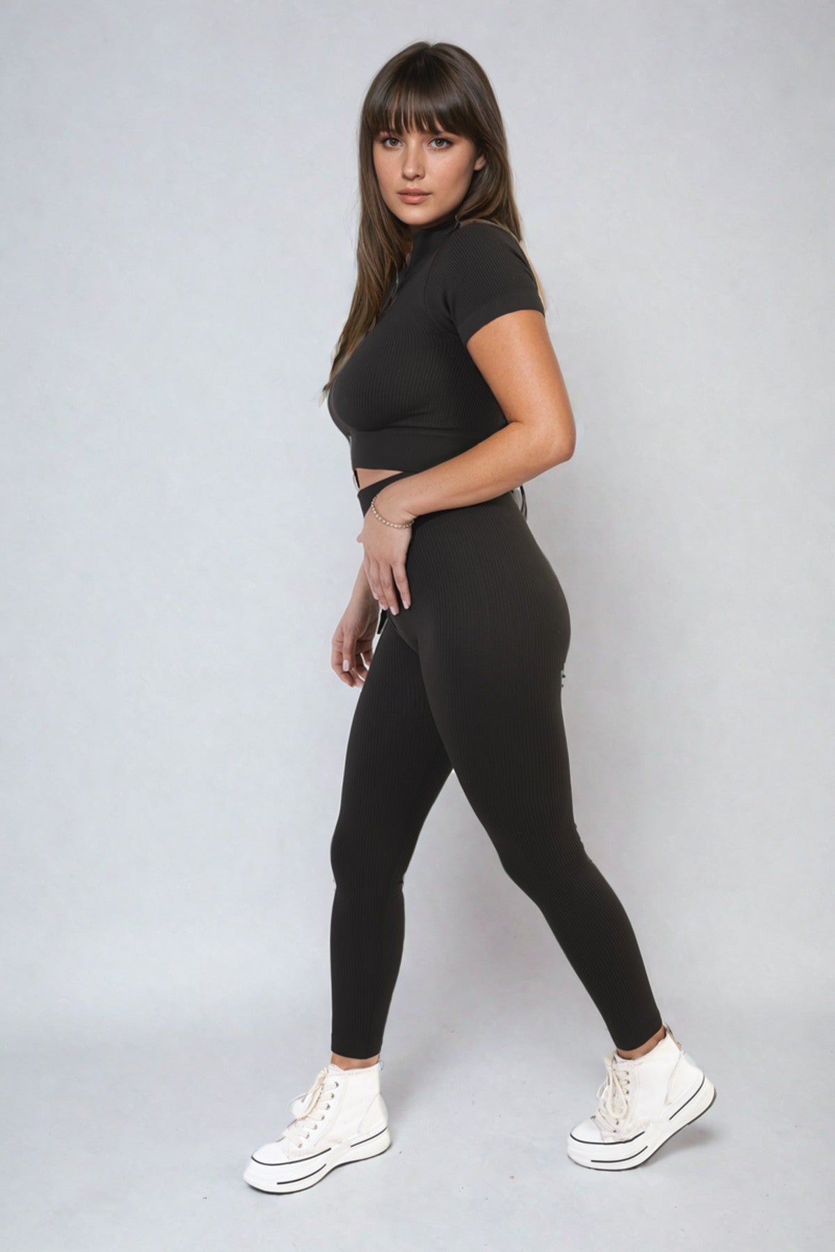 Ayah Ribbed Half Zip Crop Top And High Waist Leggings Co-ord Set - Black
