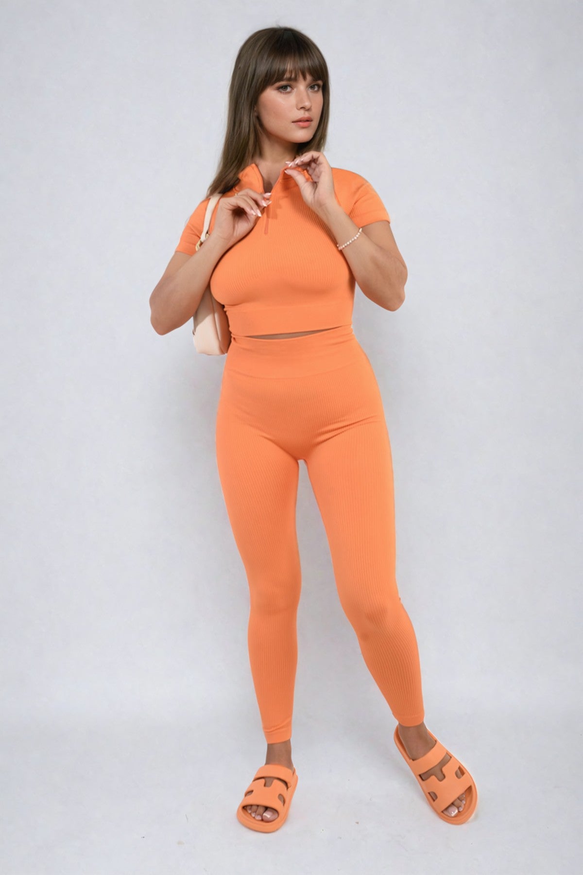 Ayah Ribbed Half Zip Crop Top And High Waist Leggings Co-ord Set - Orange