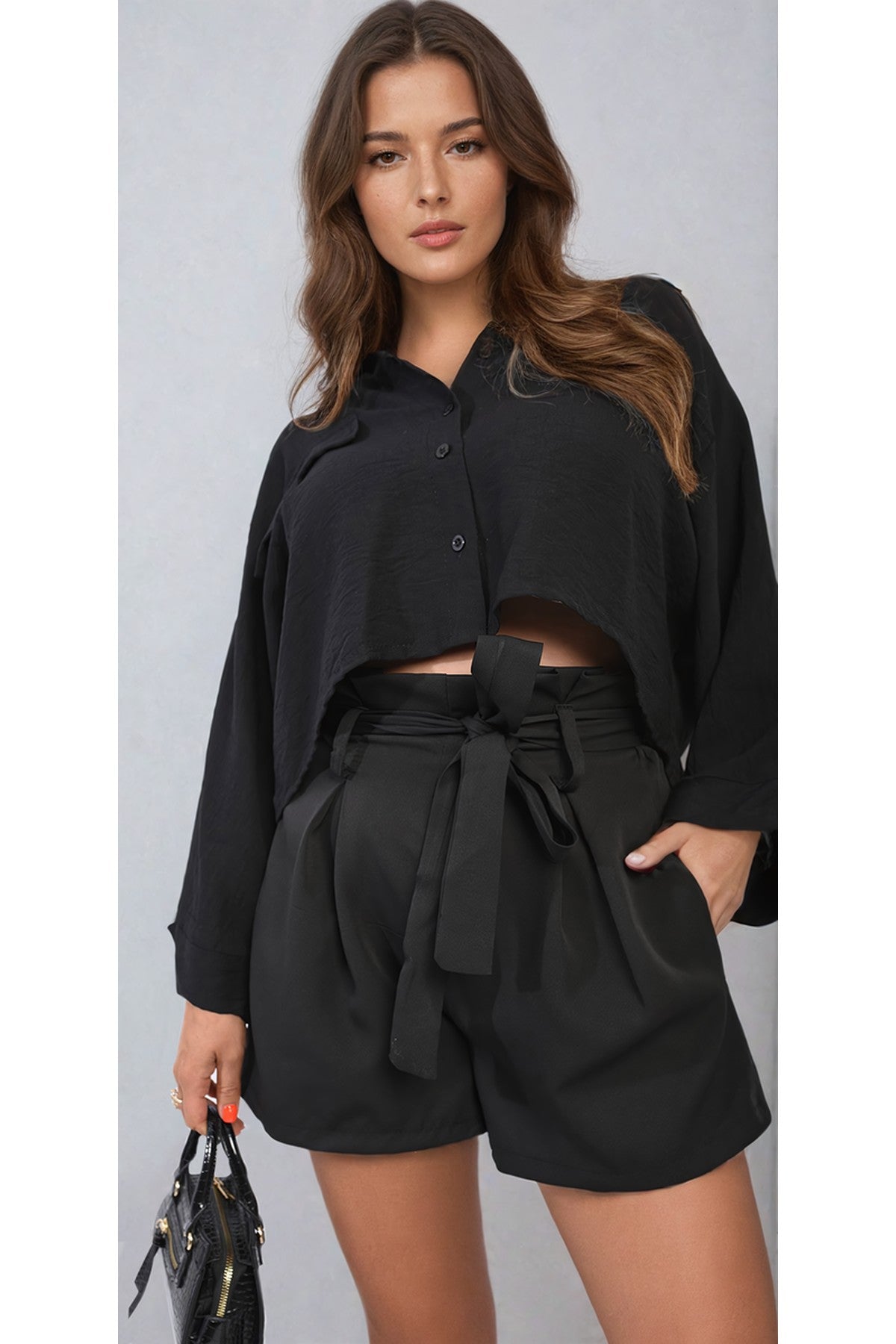 Azalea High Waist Tie Belt Paper Bag Shorts - Black