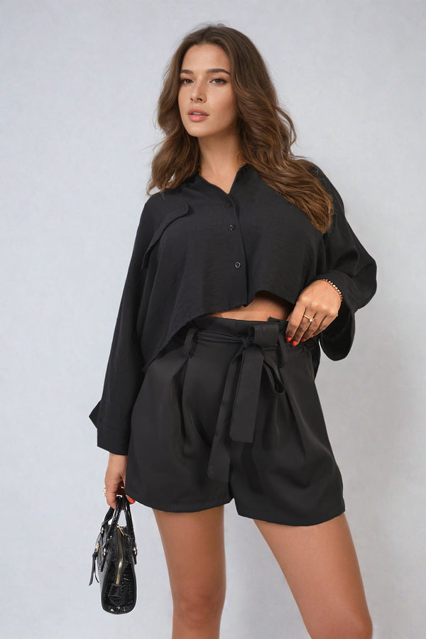 Azalea High Waist Tie Belt Paper Bag Shorts - Black