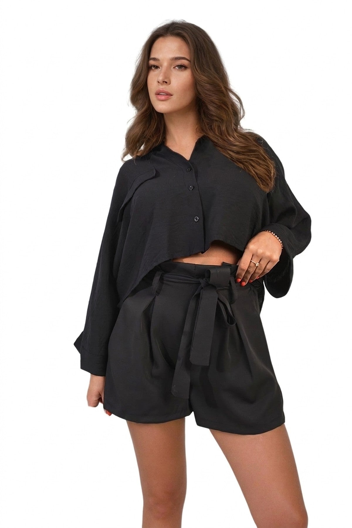Azalea High Waist Tie Belt Paper Bag Shorts - Black_wb