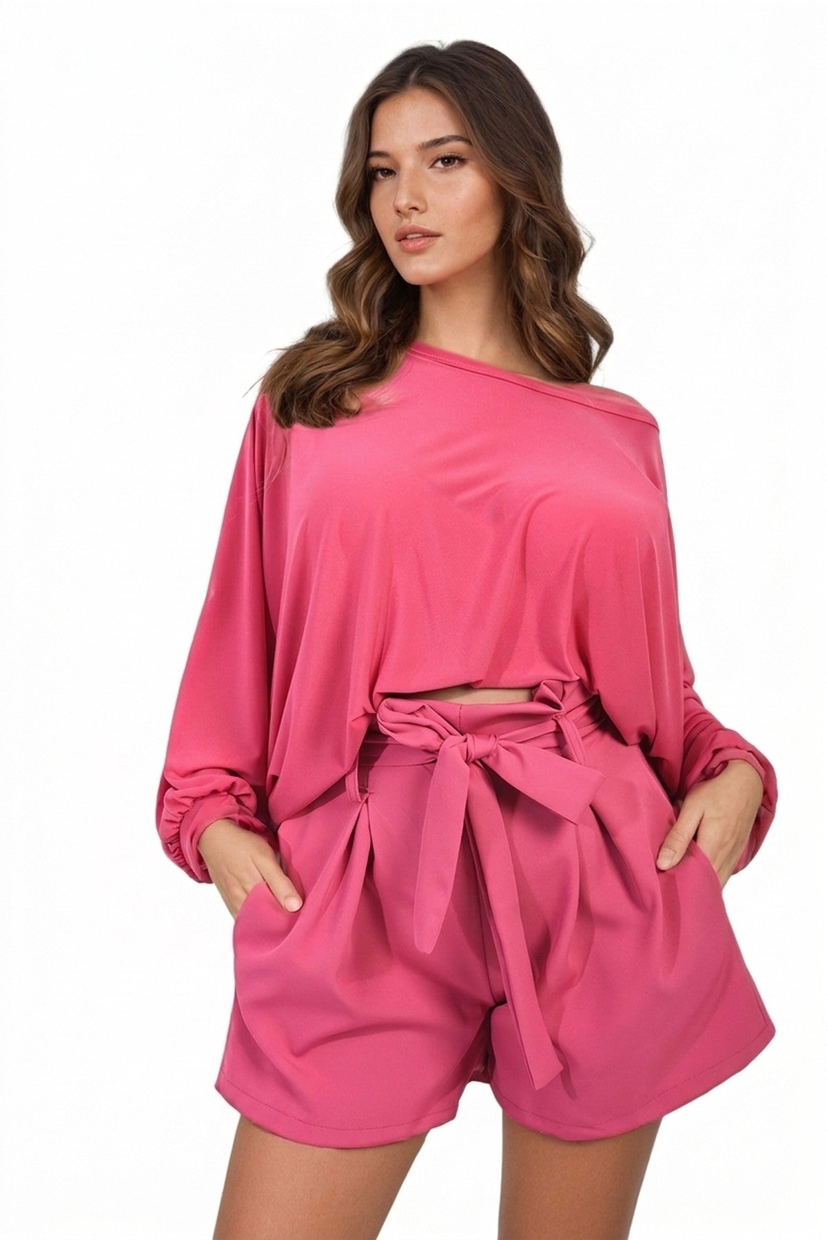 Azalea High Waist Tie Belt Paper Bag Shorts - Fuschia_wb