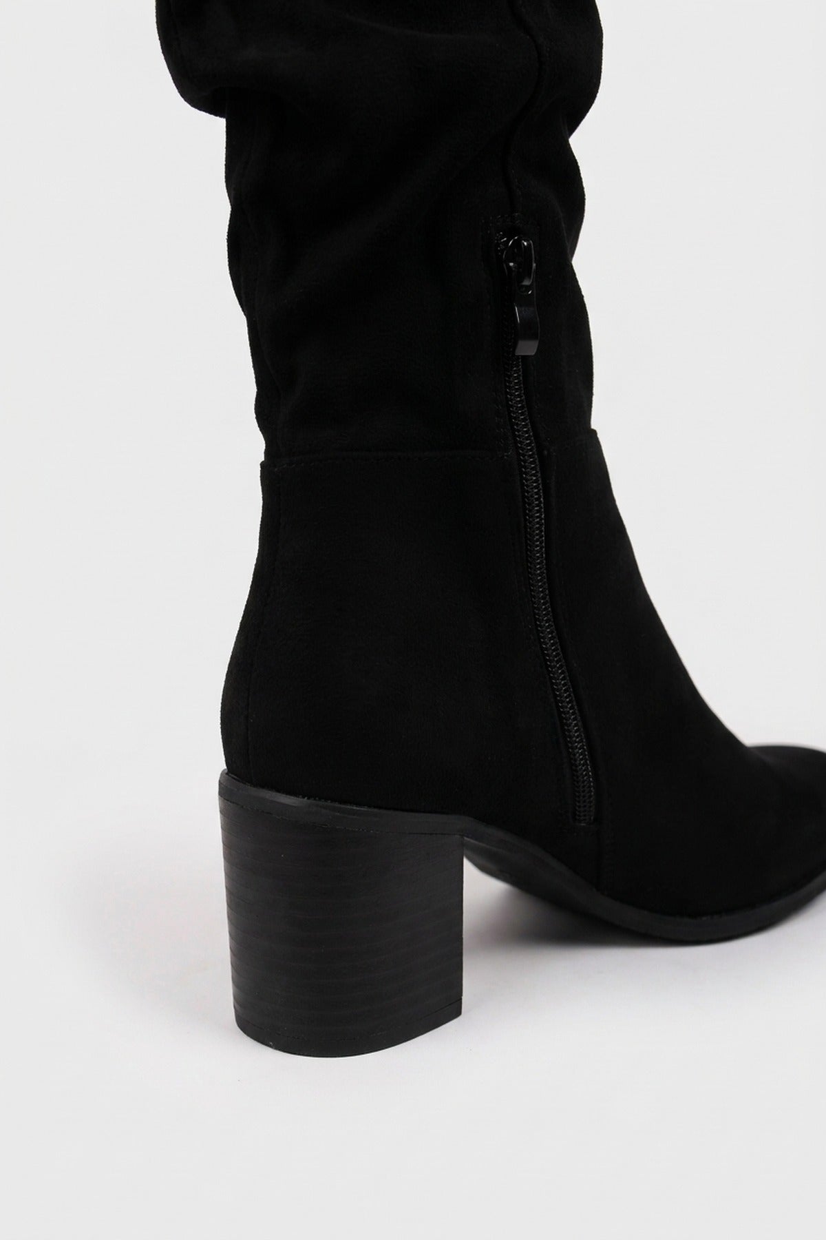 Jessa Faux Suede Slouchy Knee Boots - Black Suede