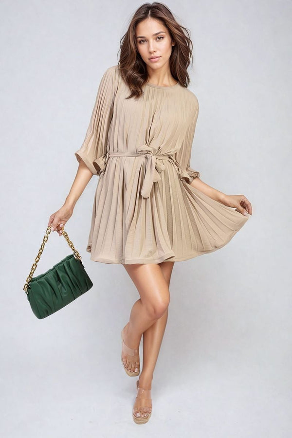 Carmen Pleated Tie Waist Mini Dress - Beige