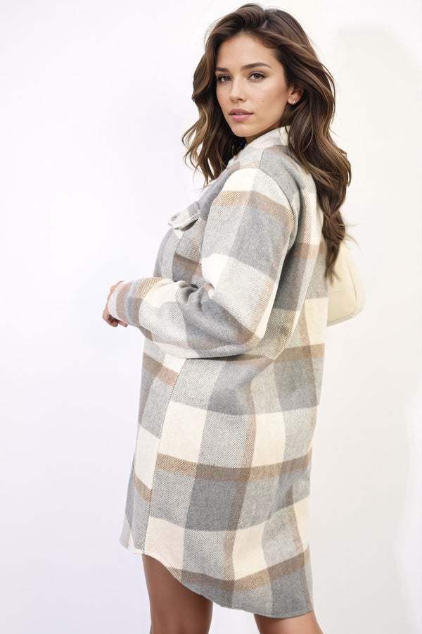 Luisa Plaid Print Long Sleeve Button Down Shacket - Beige