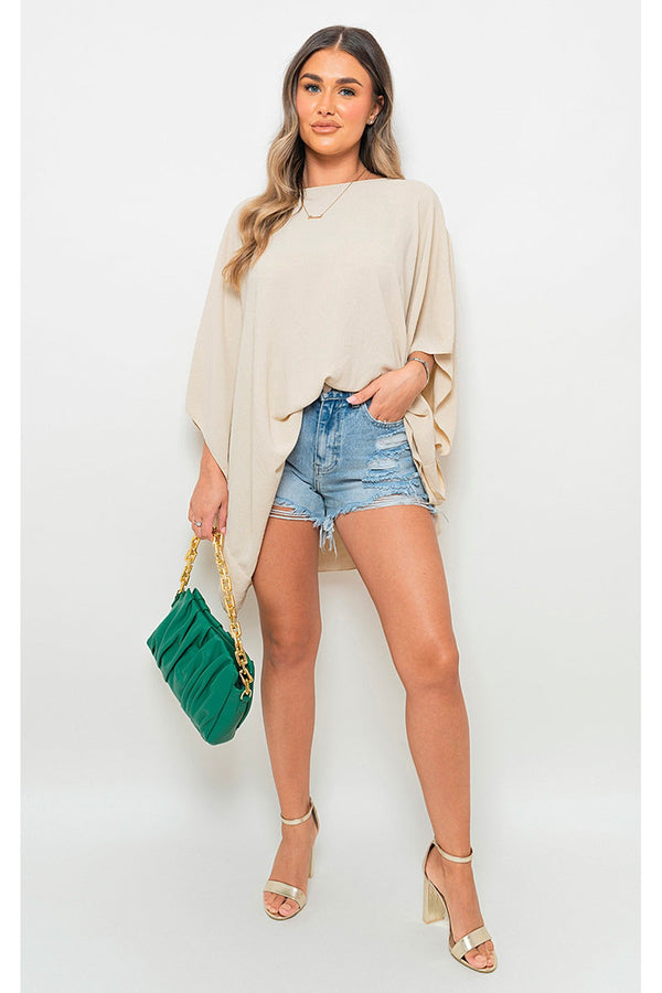 Fatima Oversized Batwing Sleeve Casual Tops - Beige