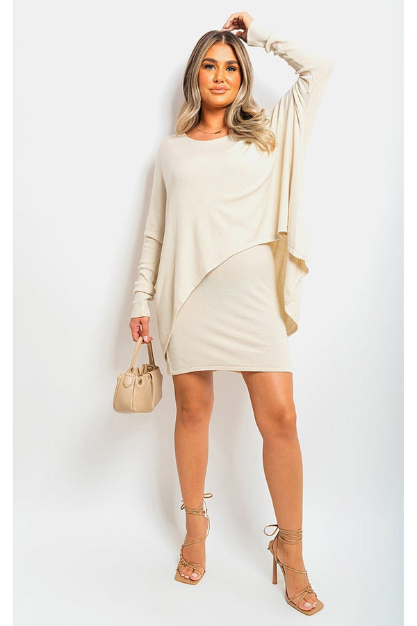 Joanna Oversized Long Sleeve Asymmetric Mini Dress - Beige