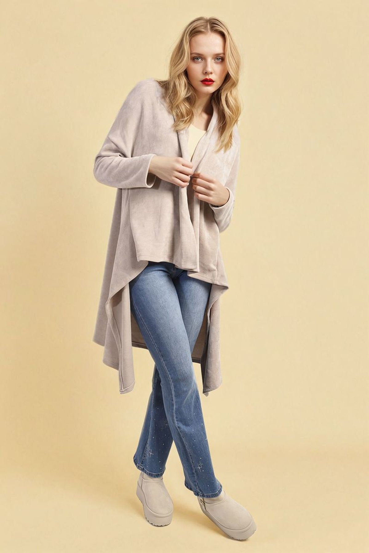 Lydia Open Front Long Back Knitted Cardigan - Beige