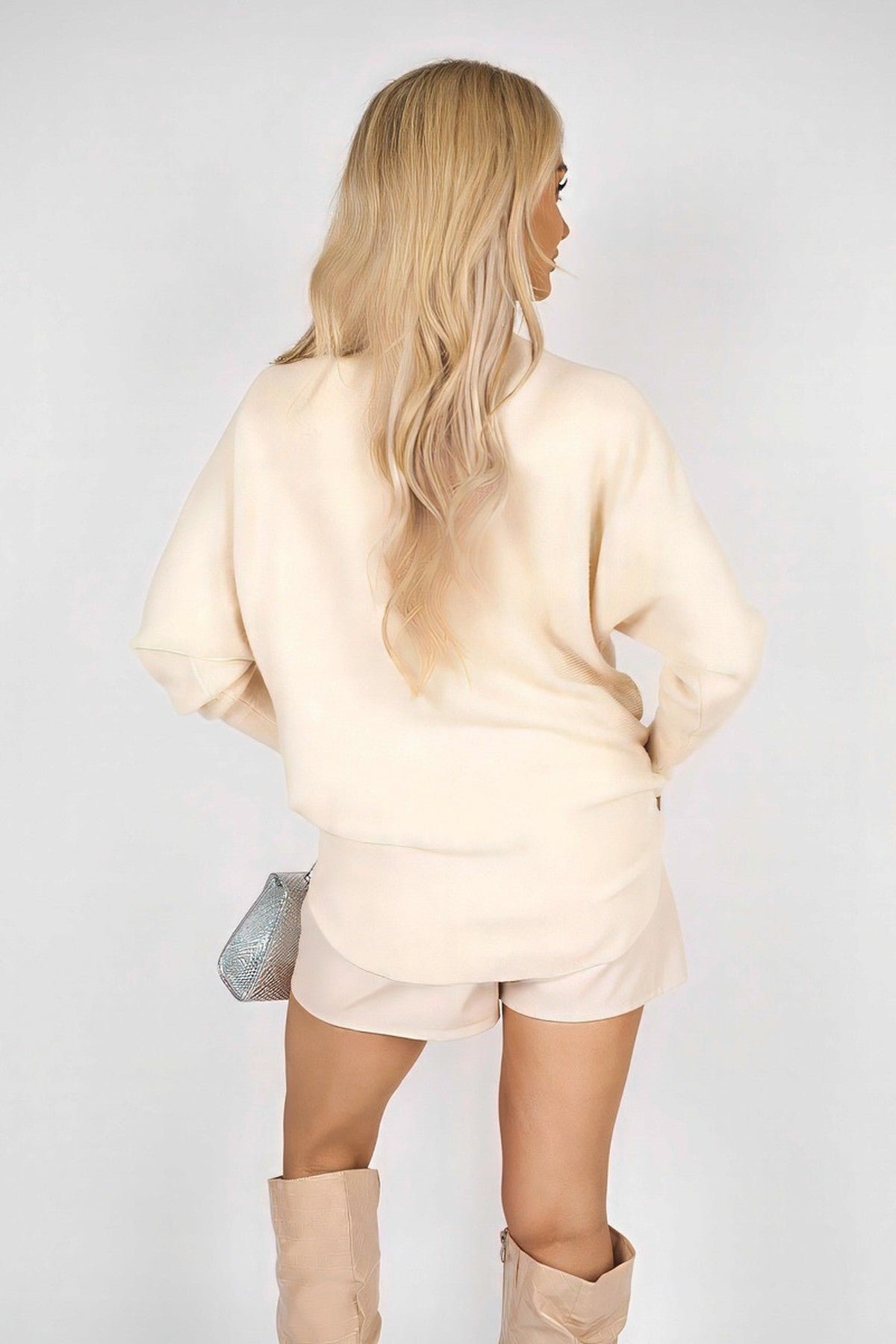 Haisley Long Sleeve Knitted Jumper With Embellished Neckline - Beige