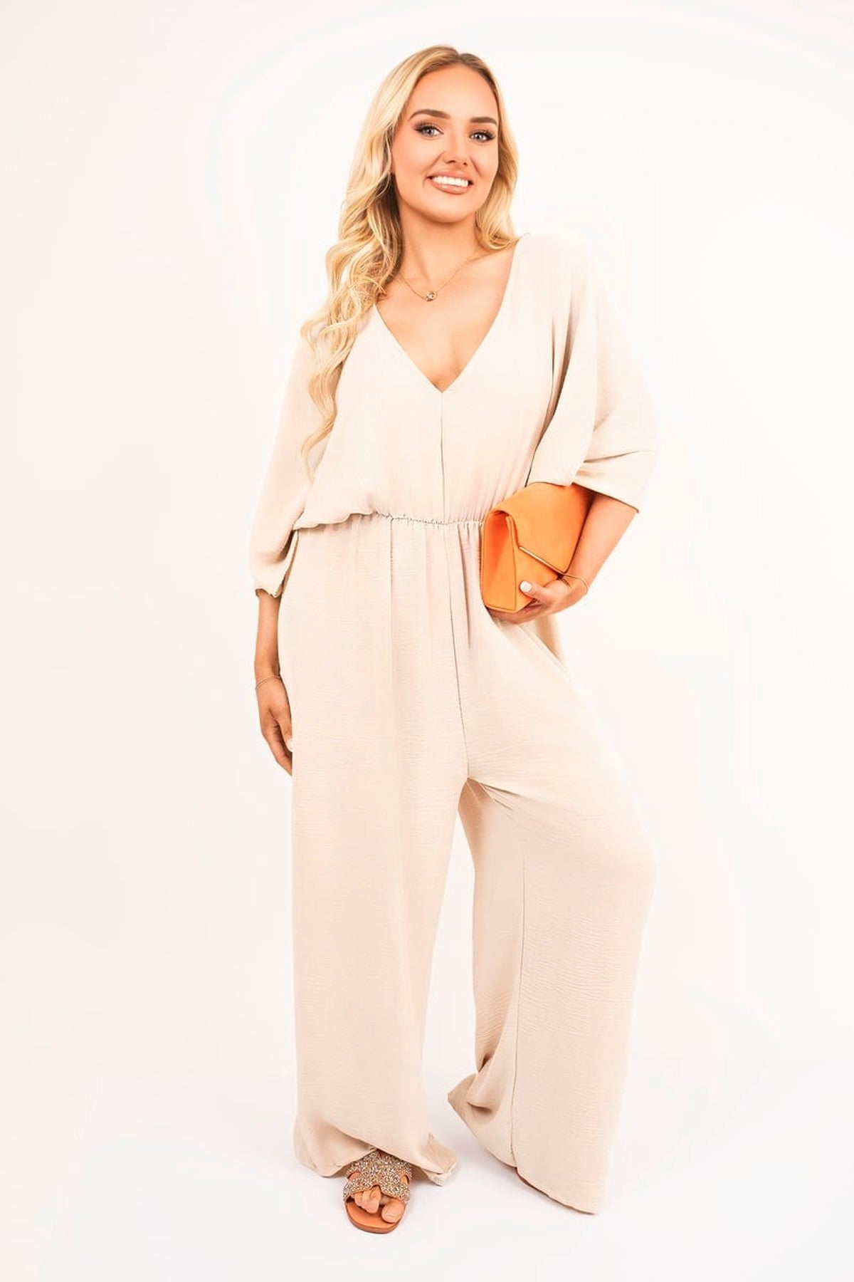 Maysa Wide Leg V Neck Jumpsuit With Back Tie Detail - Beige