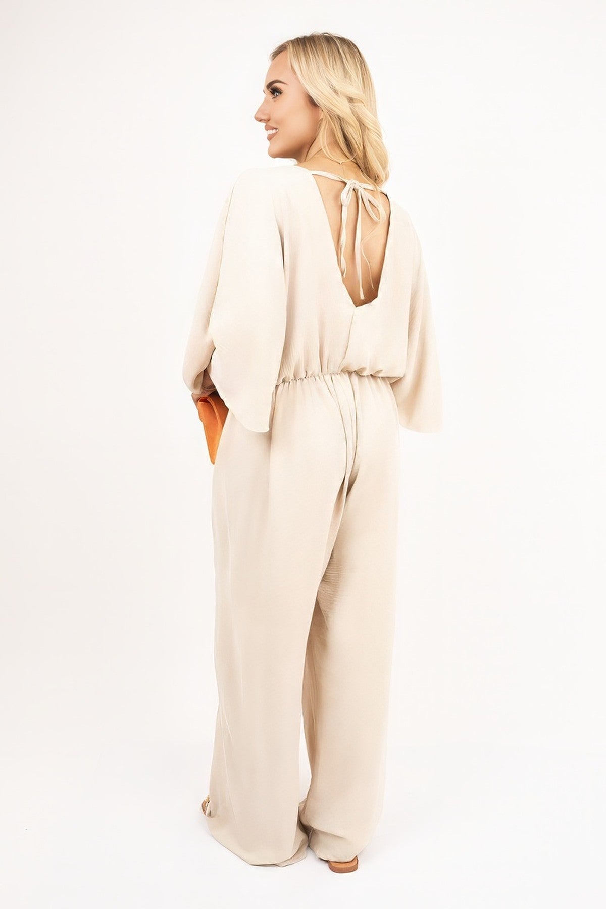 Maysa Wide Leg V Neck Jumpsuit With Back Tie Detail - Beige