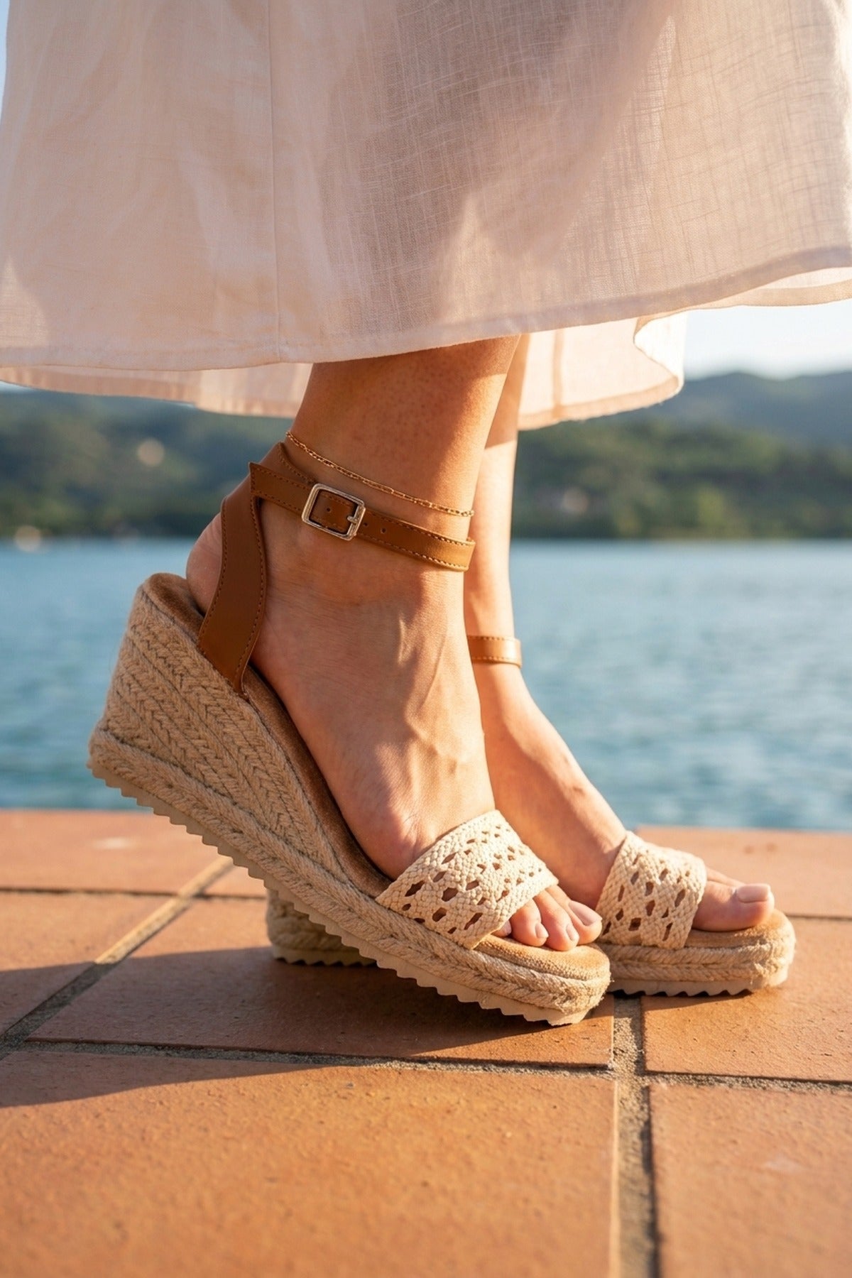 Pearl Crochet Strap Espadrille Wedge Sandals - Beige