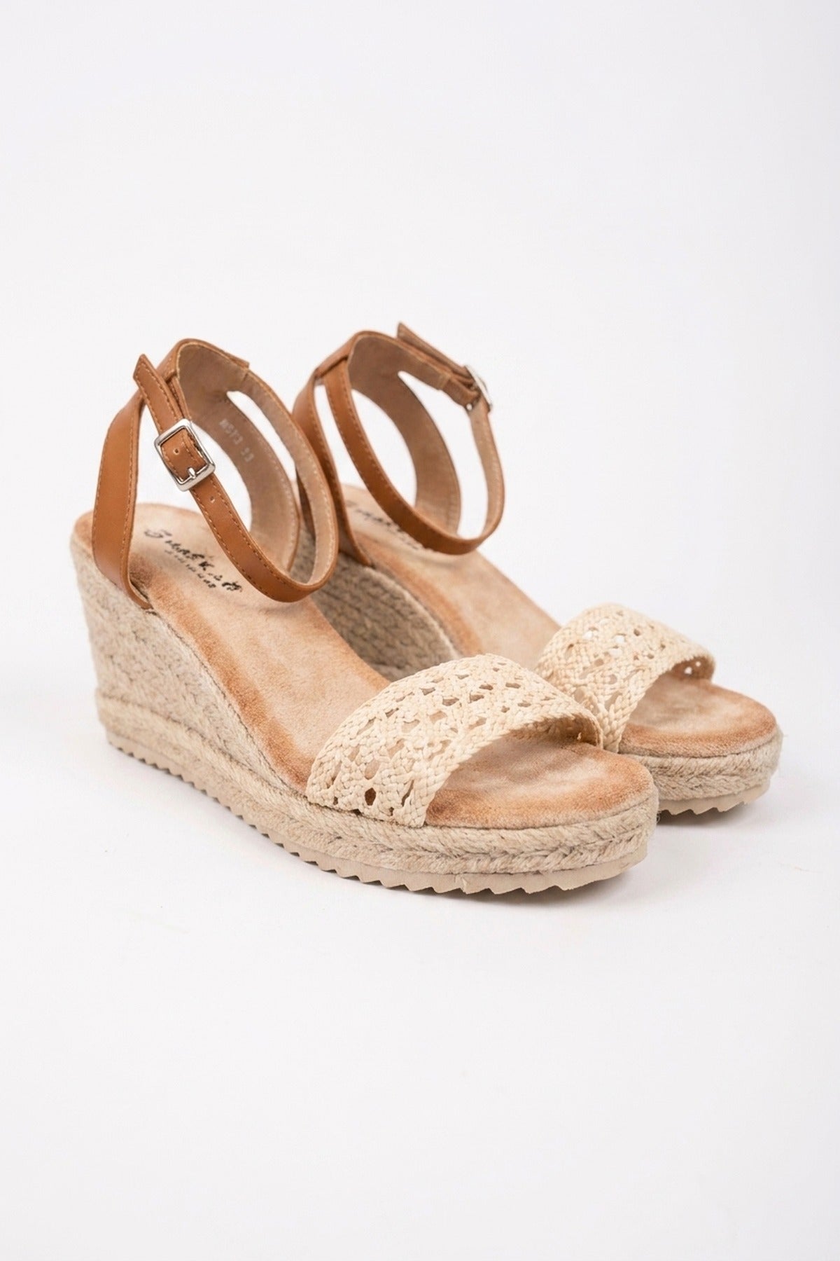 Pearl Crochet Strap Espadrille Wedge Sandals - Beige