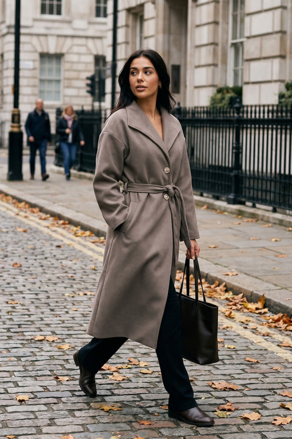 Marelle Belted Longline Coat With Button Detail - Mocha