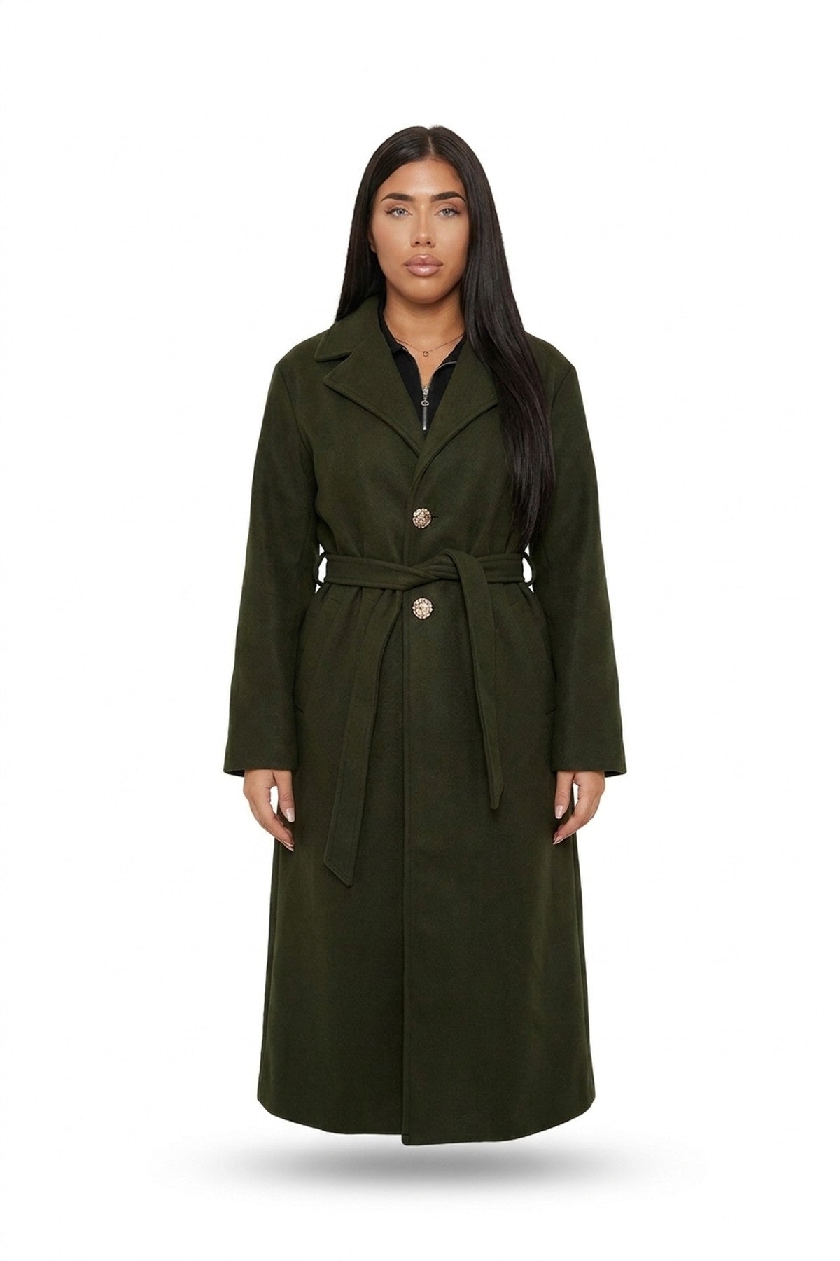 Marelle Belted Longline Coat With Button Detail - Khaki_wb