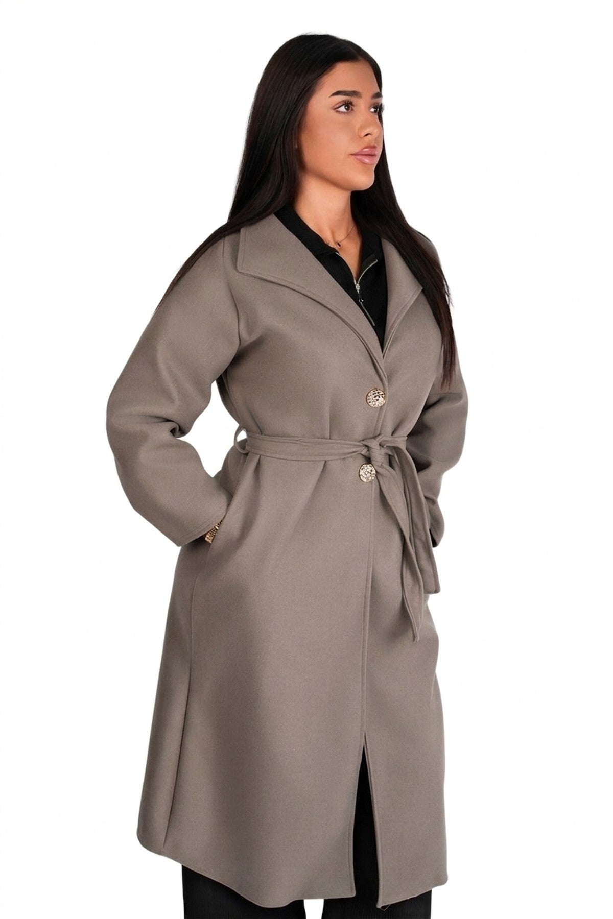 Marelle Belted Longline Coat With Button Detail - Mocha_wb