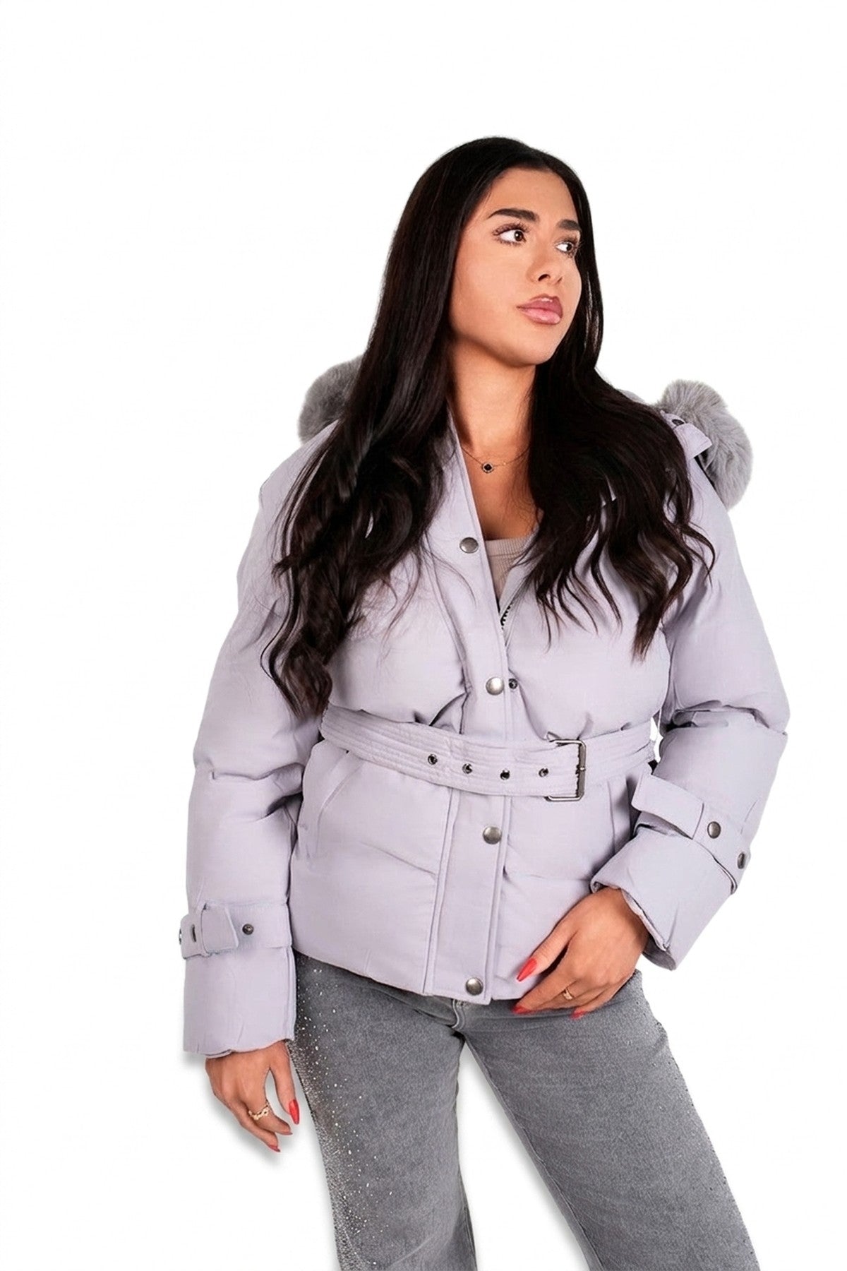 Serelina Belted Puffer Jacket With Faux Fur Hood - Grey_wb