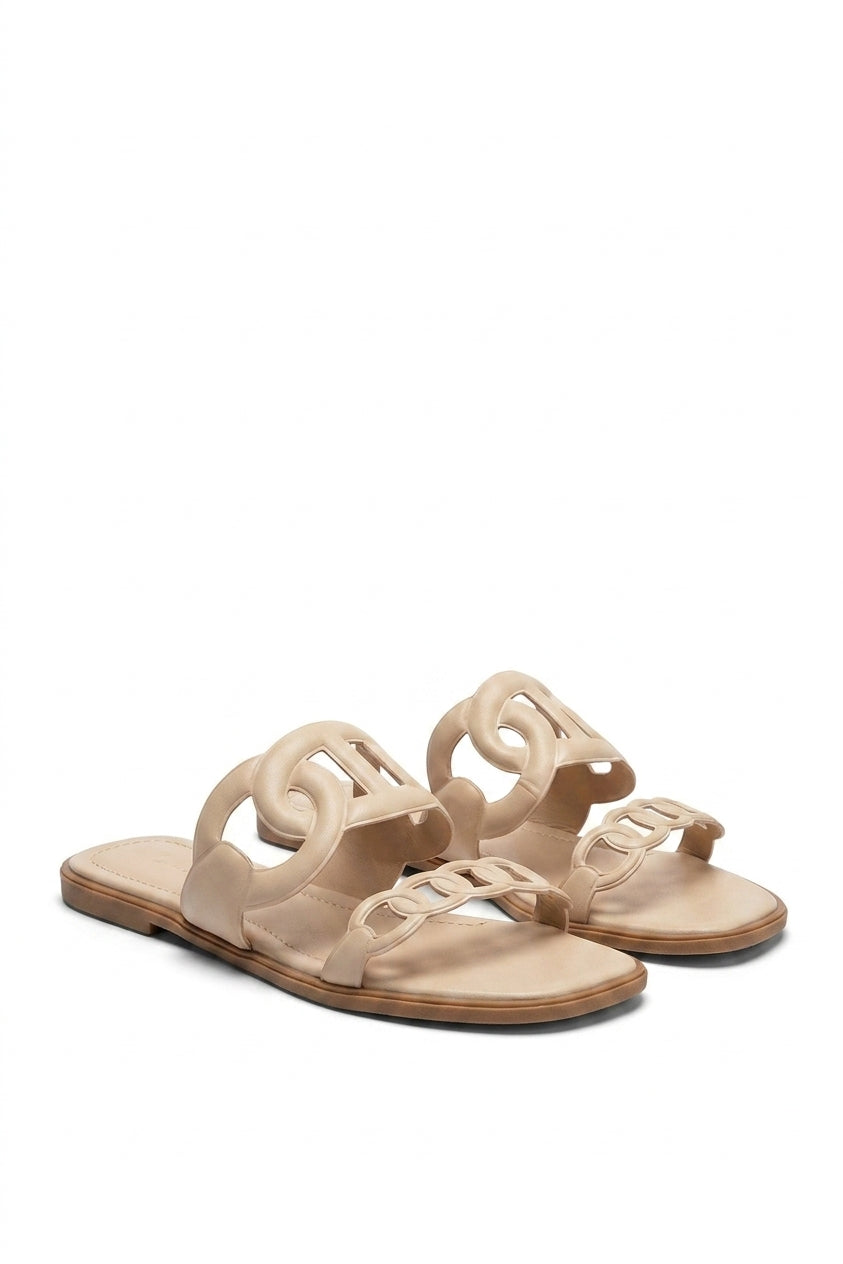 Betty Comfortable Flat Sandals With Double Leather Chain - Cream