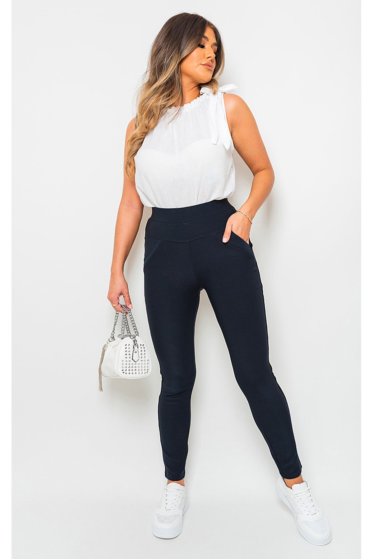 Selene Wide Waistband Trouser With Front Pockets - Navy