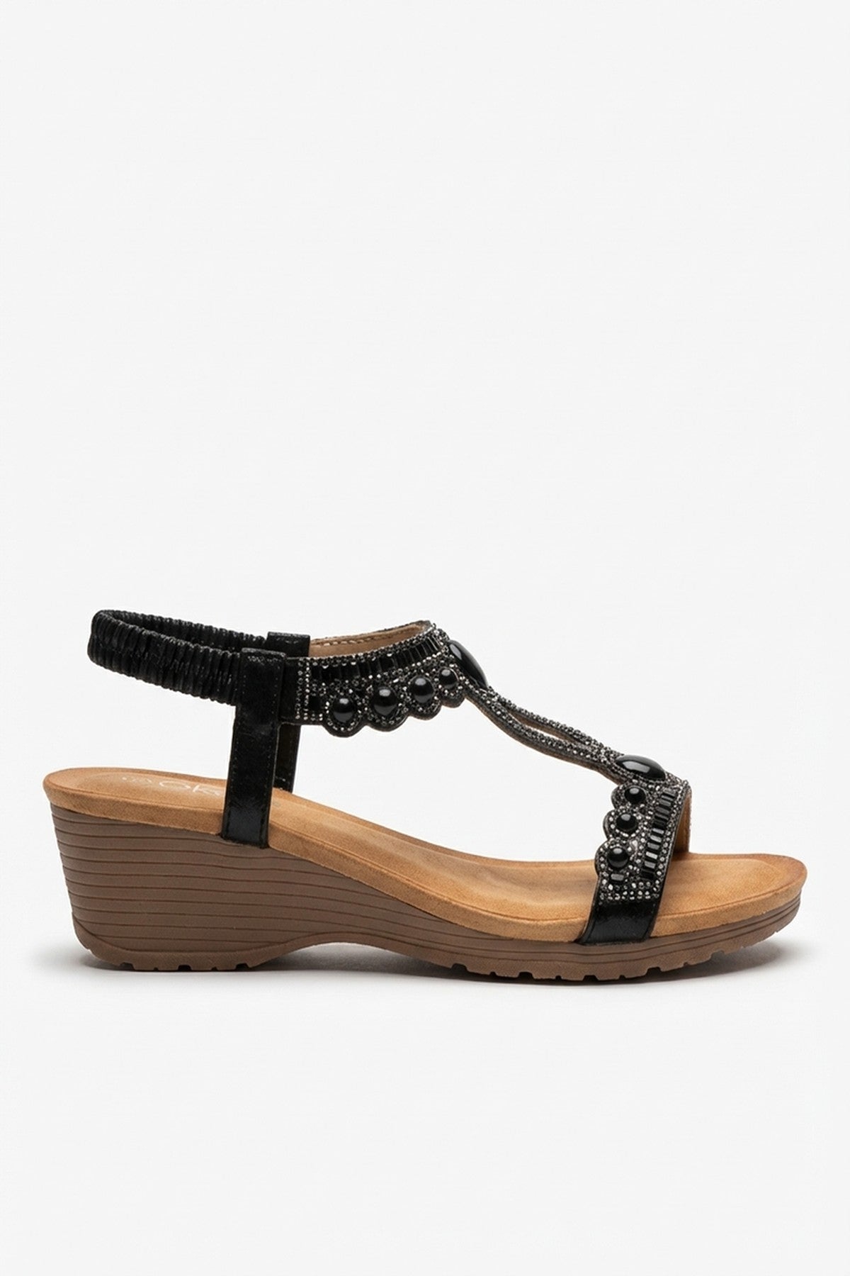 Emma Womens Embellished T-bar Wedge Sandals - Black