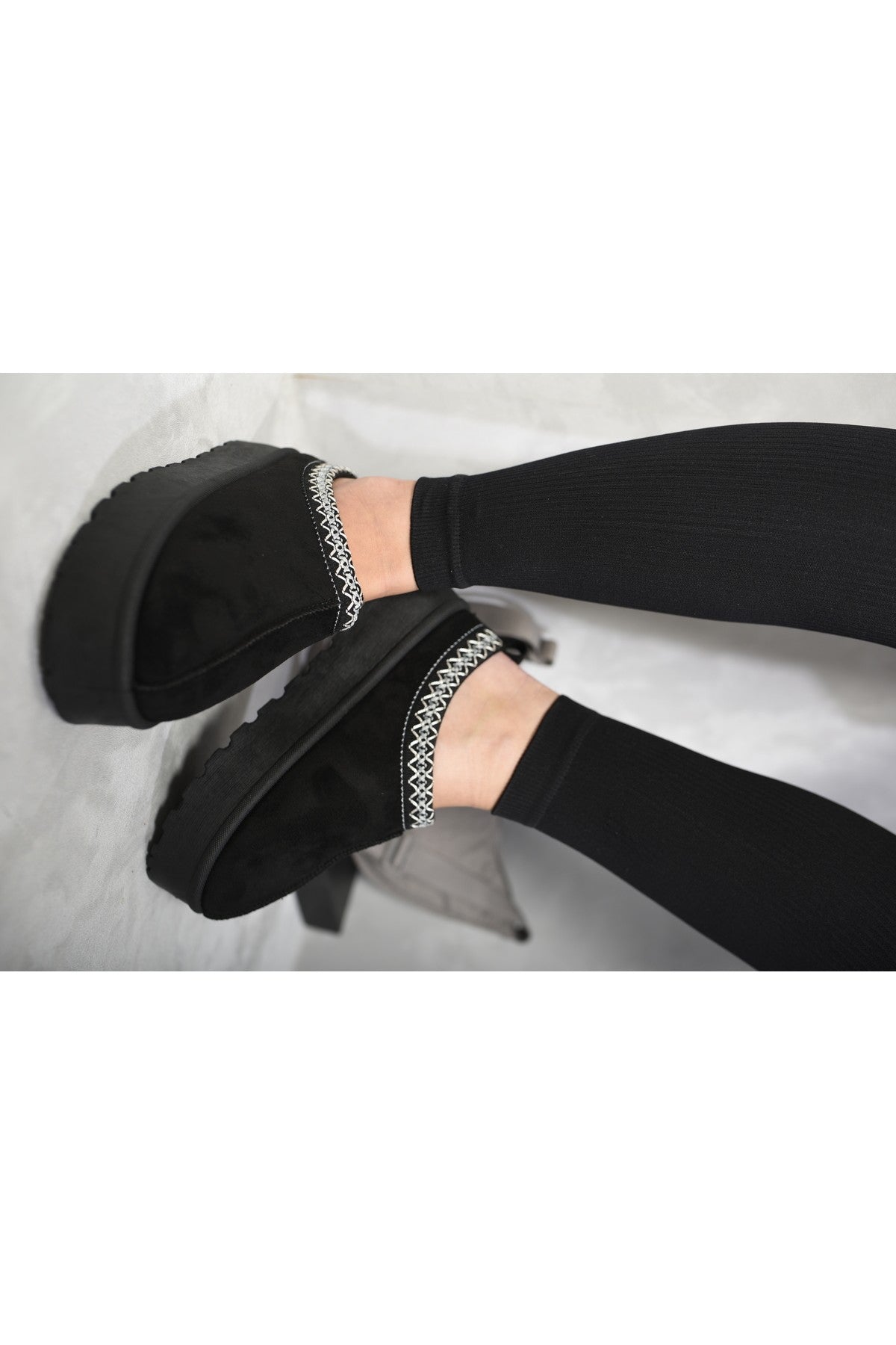 Jolene Aztec Detail Low Ankle Platform Slipper Boots - Black