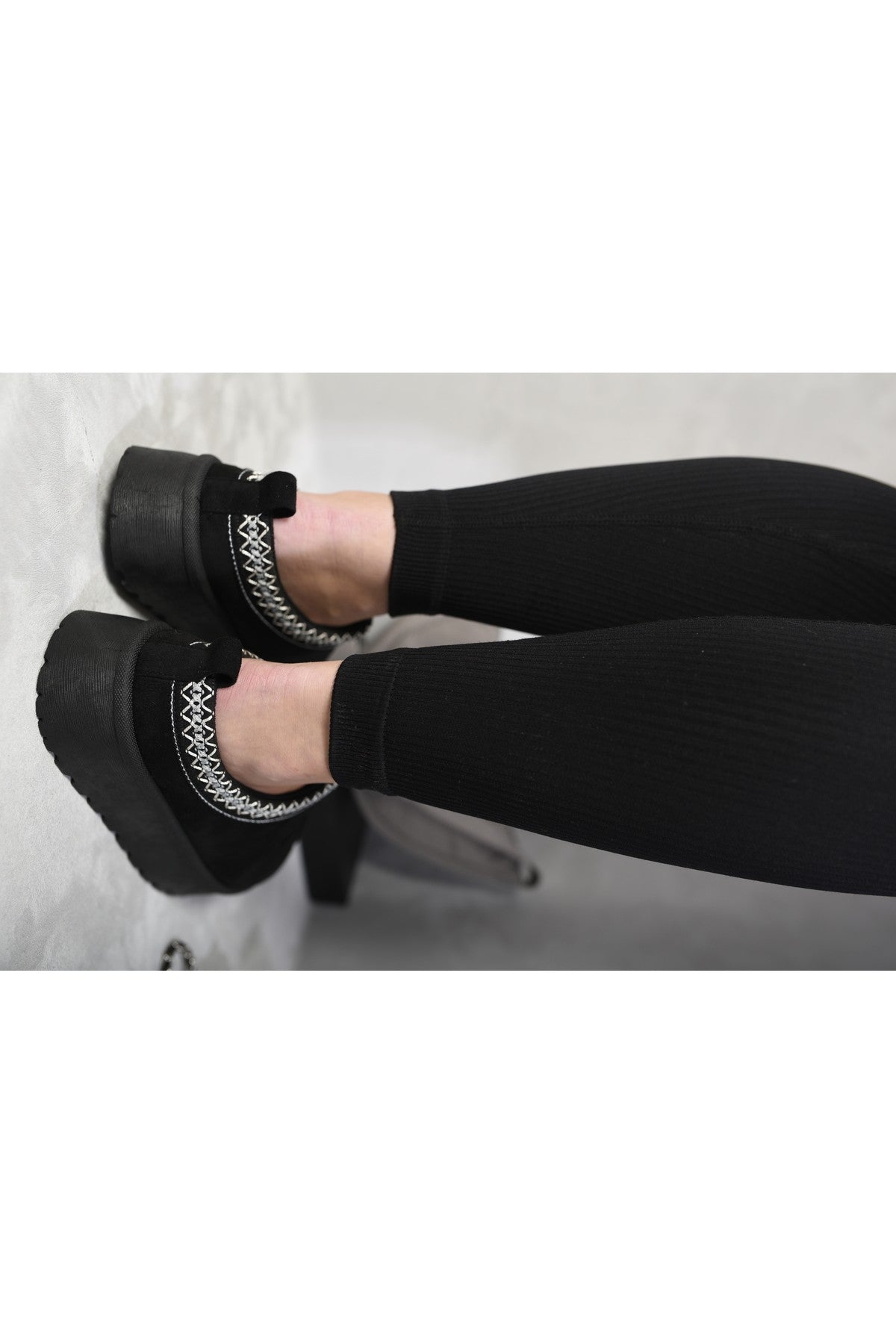 Jolene Aztec Detail Low Ankle Platform Slipper Boots - Black