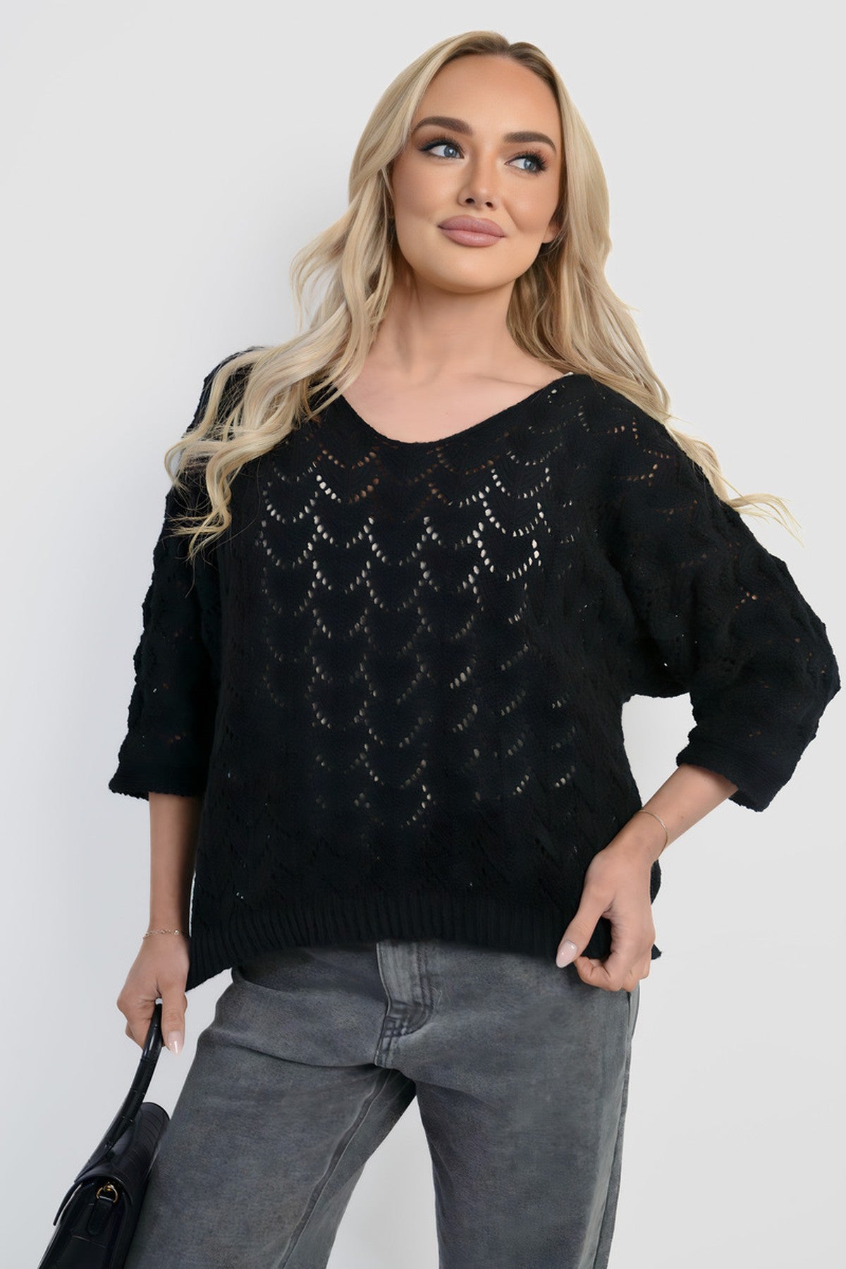 Eliza Half Sleeve Chunky Cable Knit Jumper - Black