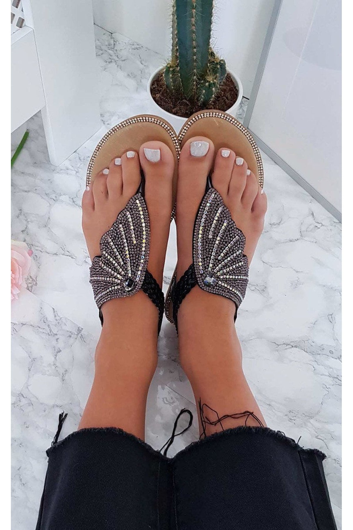 Orlagh Diamante Embellished Sandals - Black