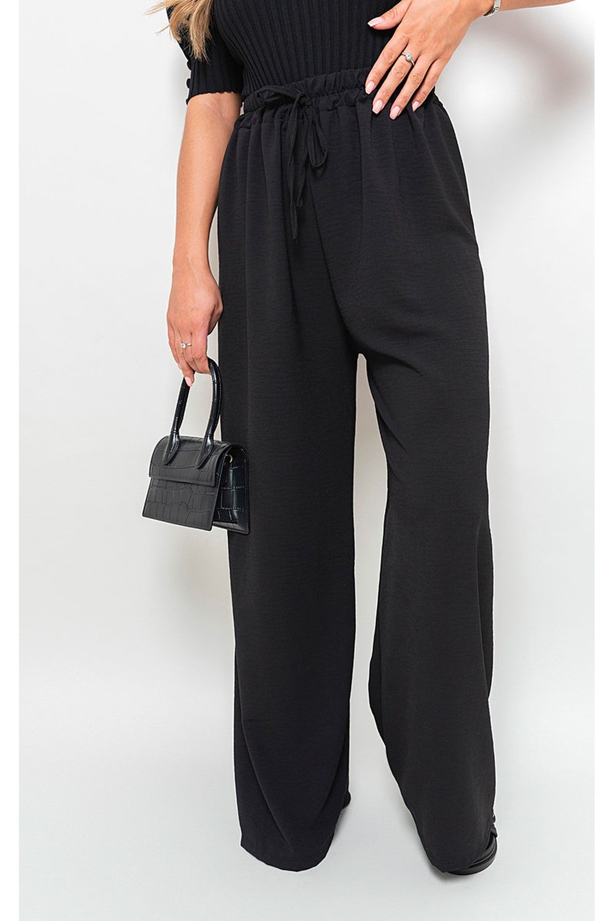 Mollie Drawstring Gathered Waist Wide Leg Trouser - Black