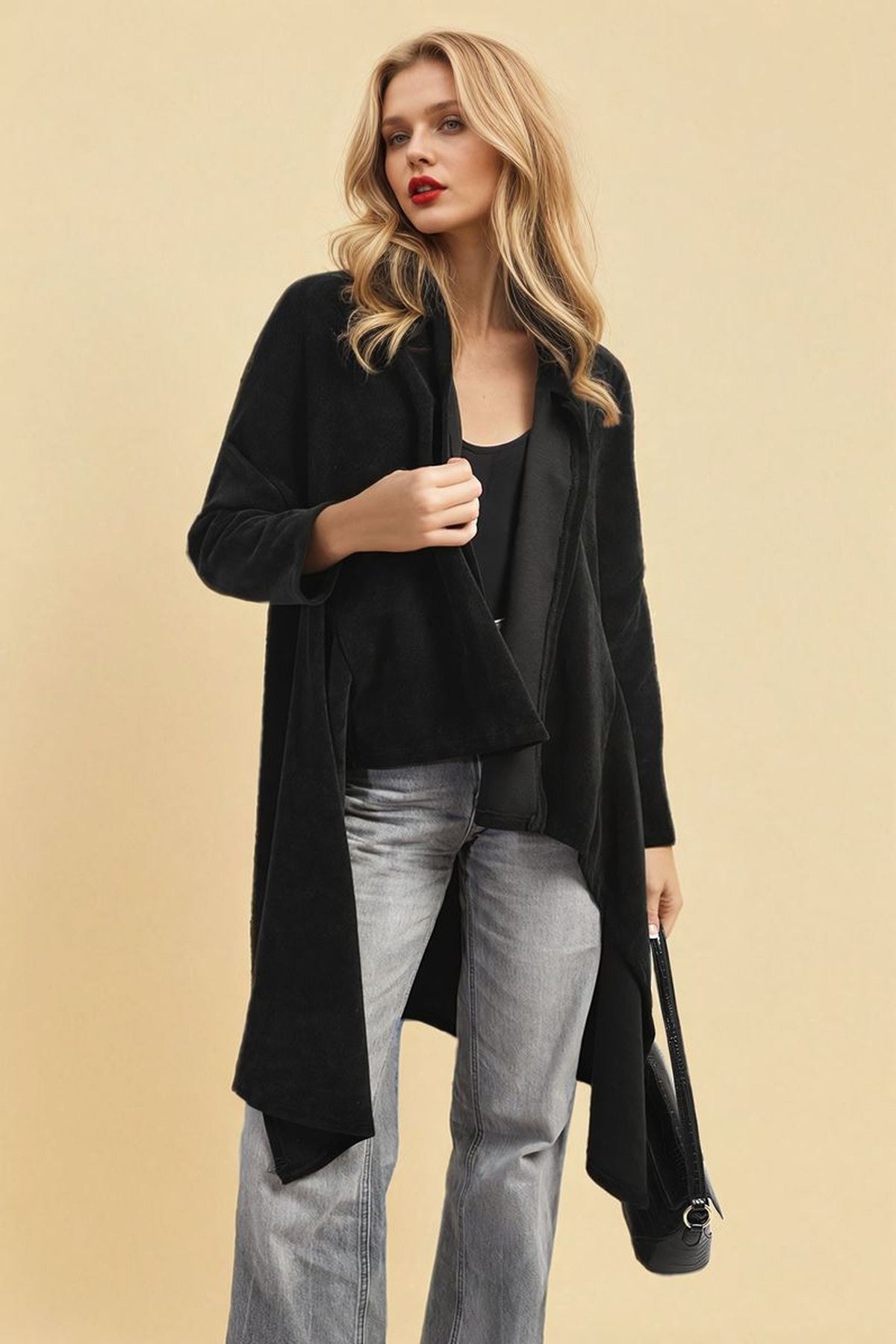 Lydia Open Front Long Back Knitted Cardigan - Black