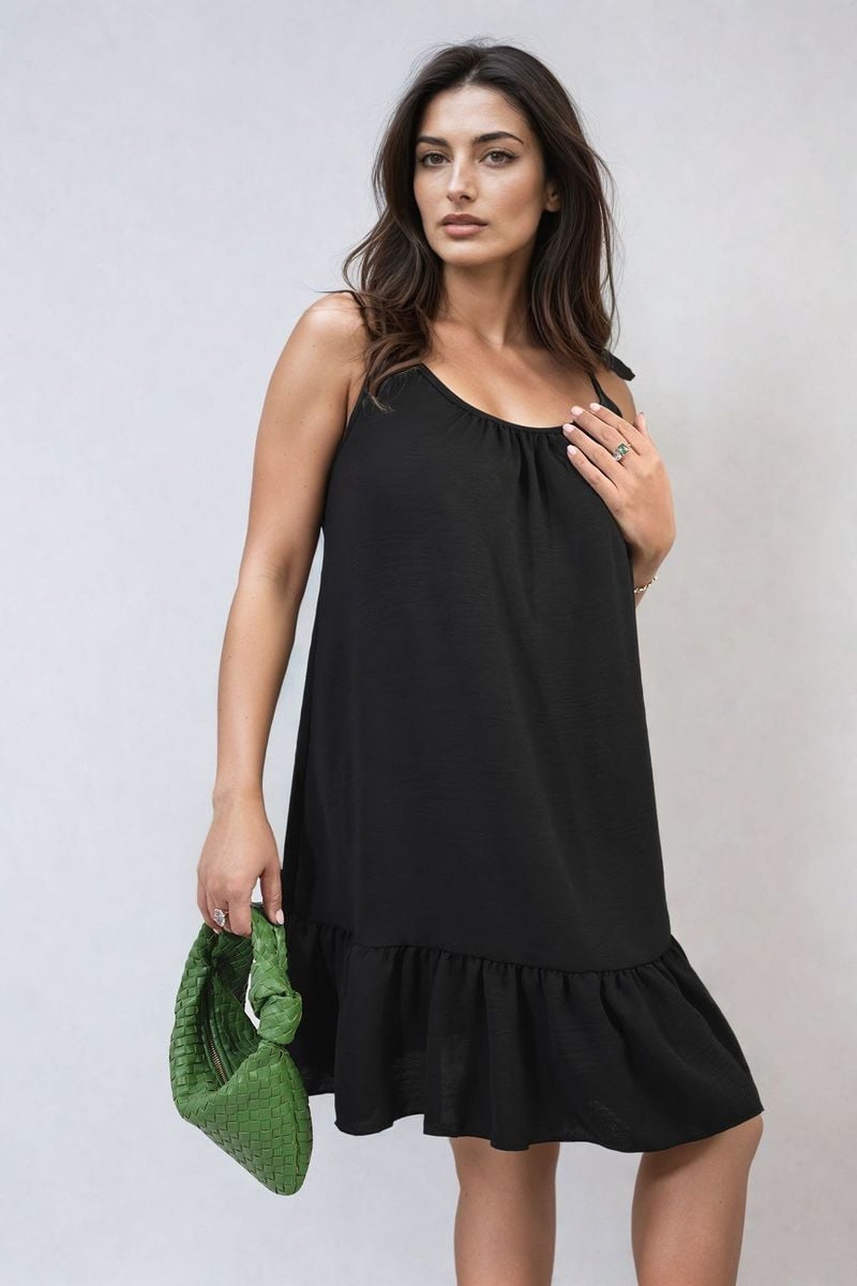 Faye Backless Tie-up Spaghetti Strap Frill Hem Mini Dress - Black