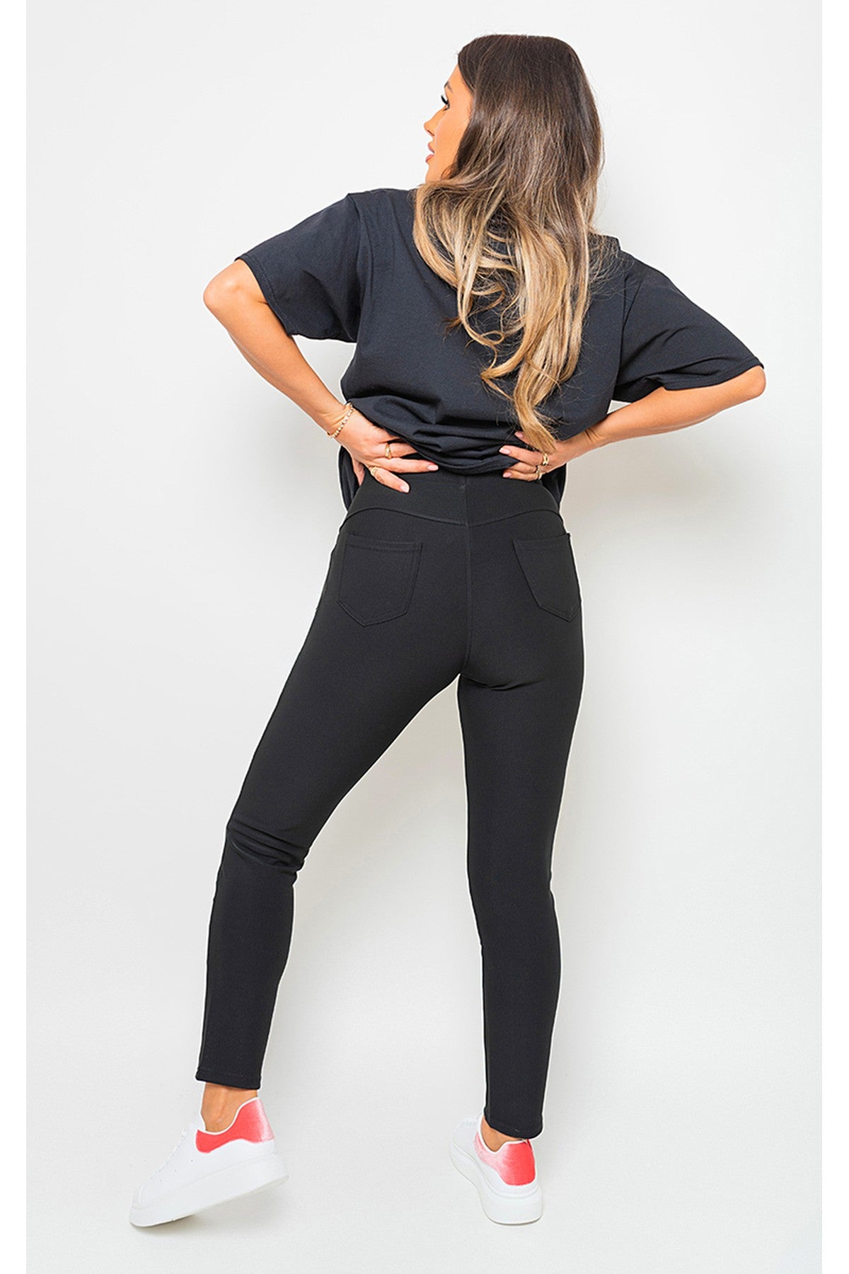 Carmela High Waist Double Band Pocket Leggings - Black