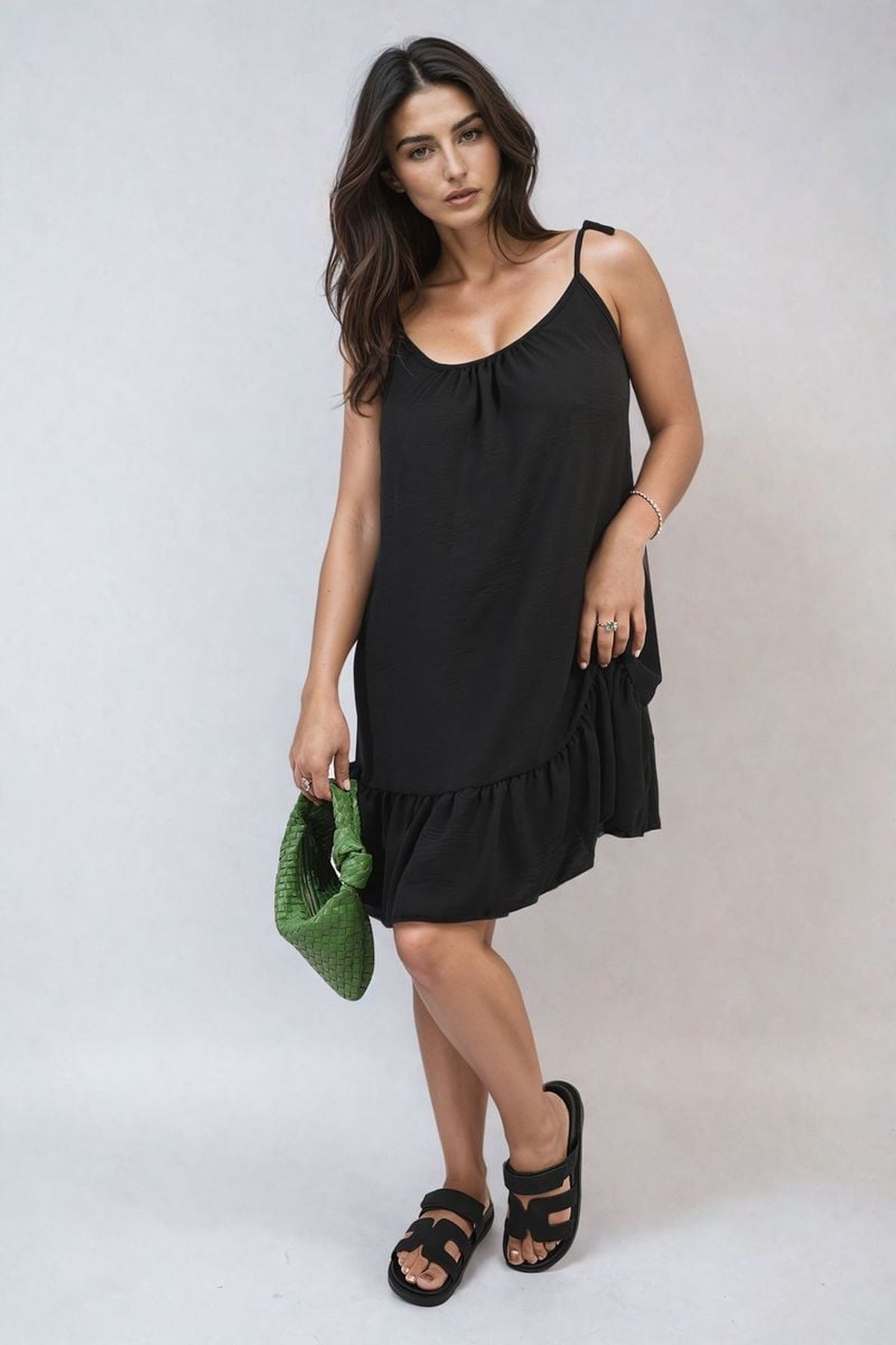 Faye Backless Tie-up Spaghetti Strap Frill Hem Mini Dress - Black