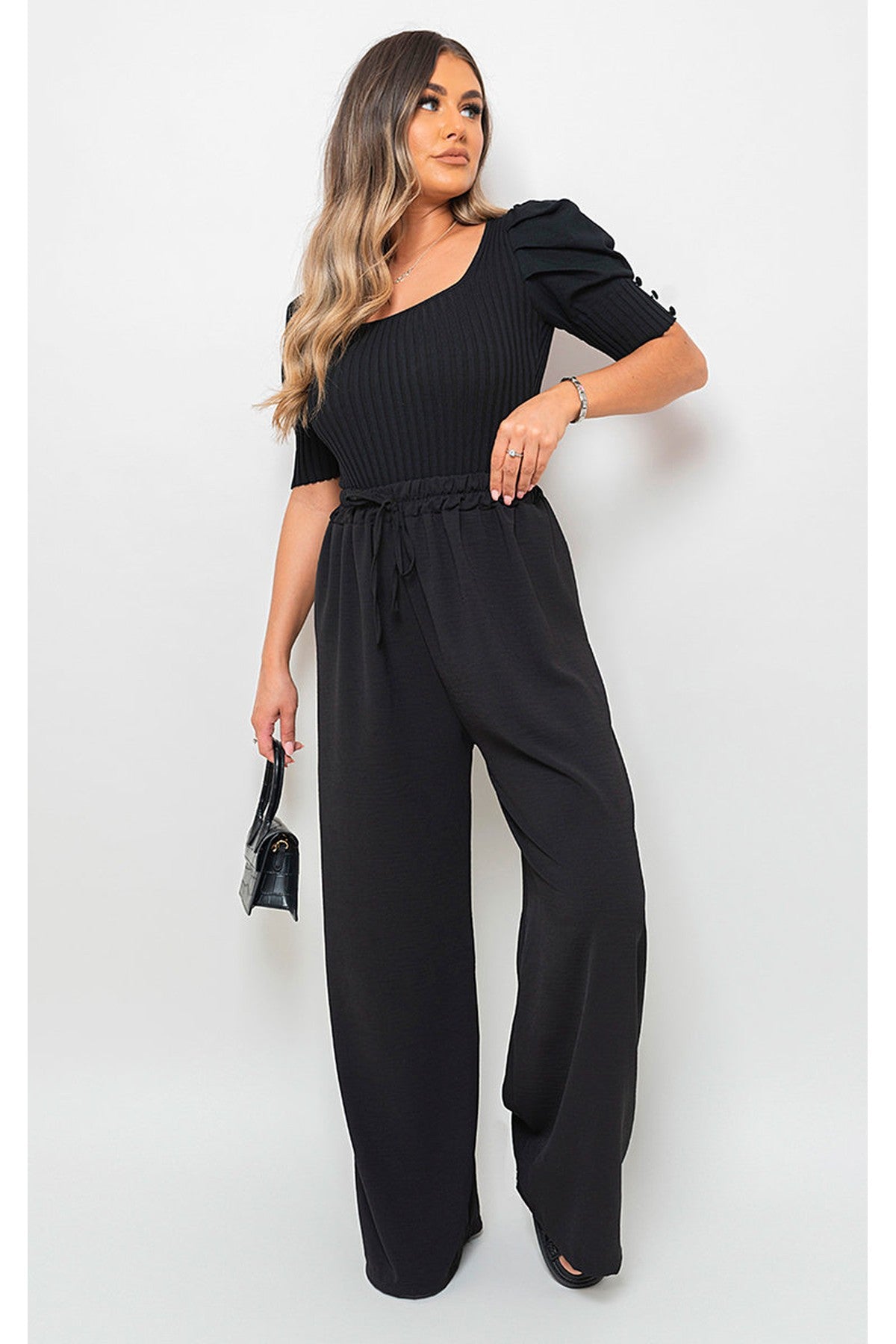 Mollie Drawstring Gathered Waist Wide Leg Trouser - Black