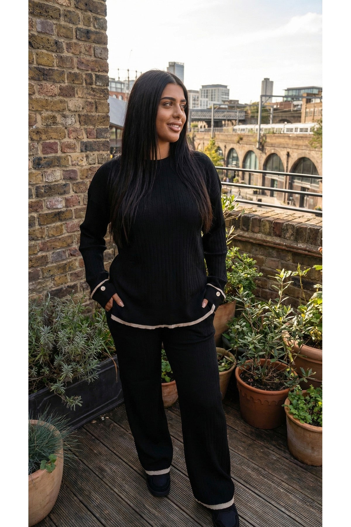 Lara Ribbed Contrast Trim Top And Wide Leg Trouser Co-ord Set - Black