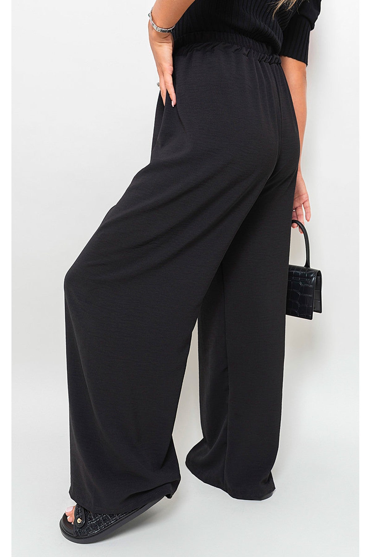 Mollie Drawstring Gathered Waist Wide Leg Trouser - Black