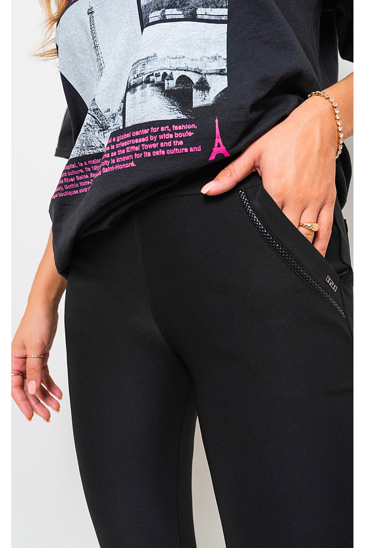 Carmela High Waist Double Band Pocket Leggings - Black