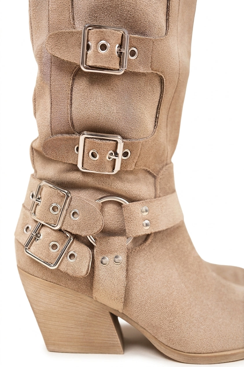 Ornella Block Heel Knee High Boots With Buckle Strap Detail - Black_wb