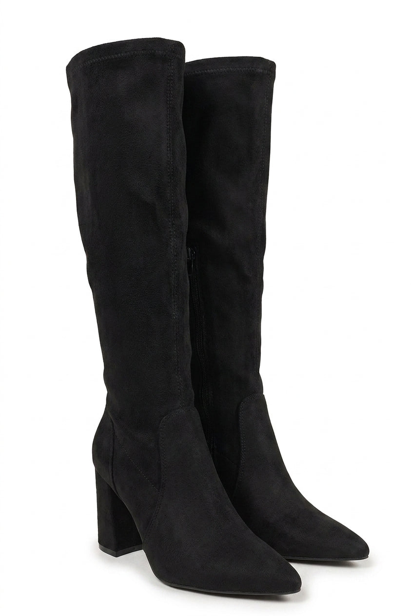 Odina Block Heel Pointed Toe Knee High Boots - Black S