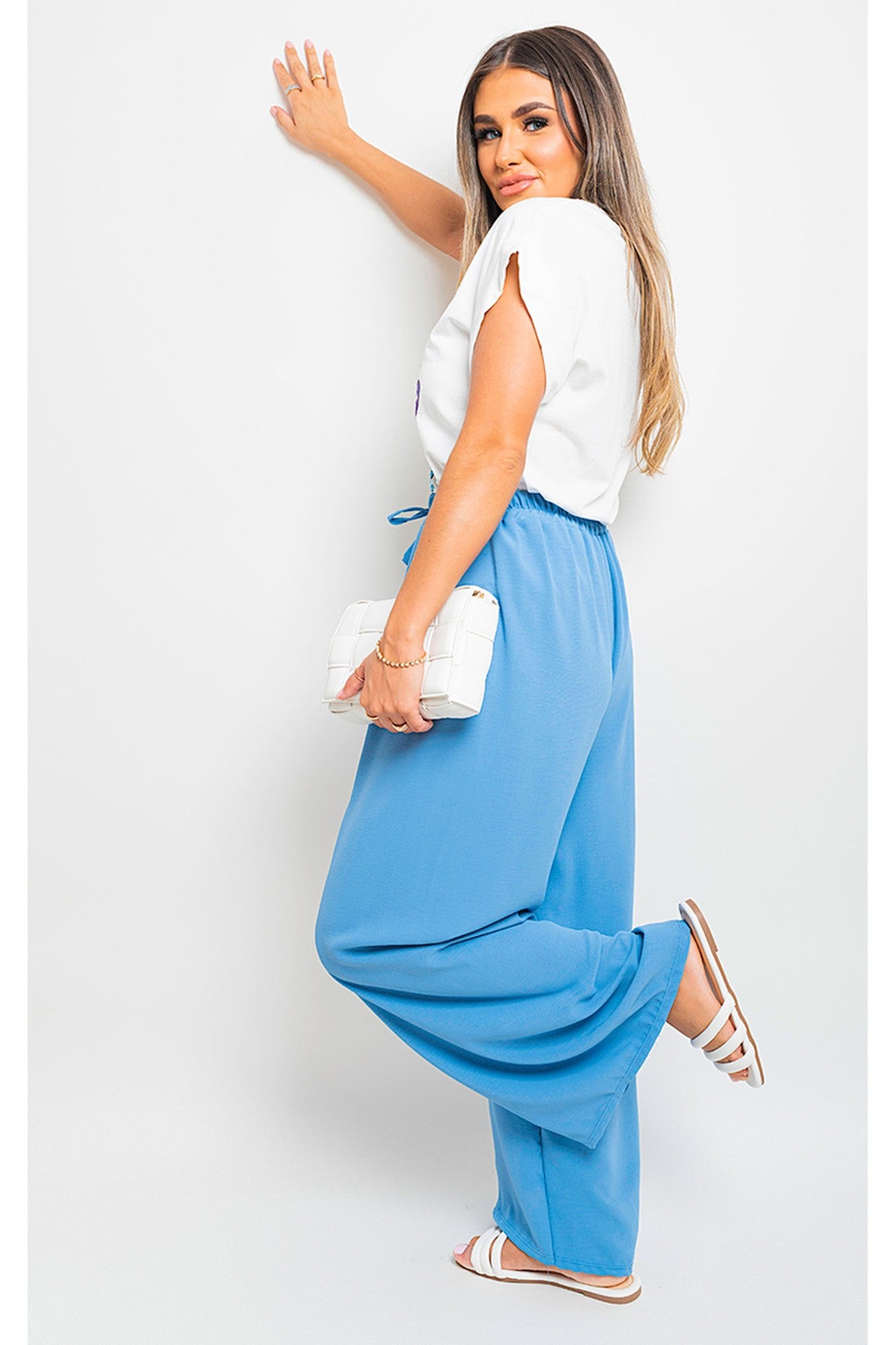 Mollie Drawstring Gathered Waist Wide Leg Trouser - Blue
