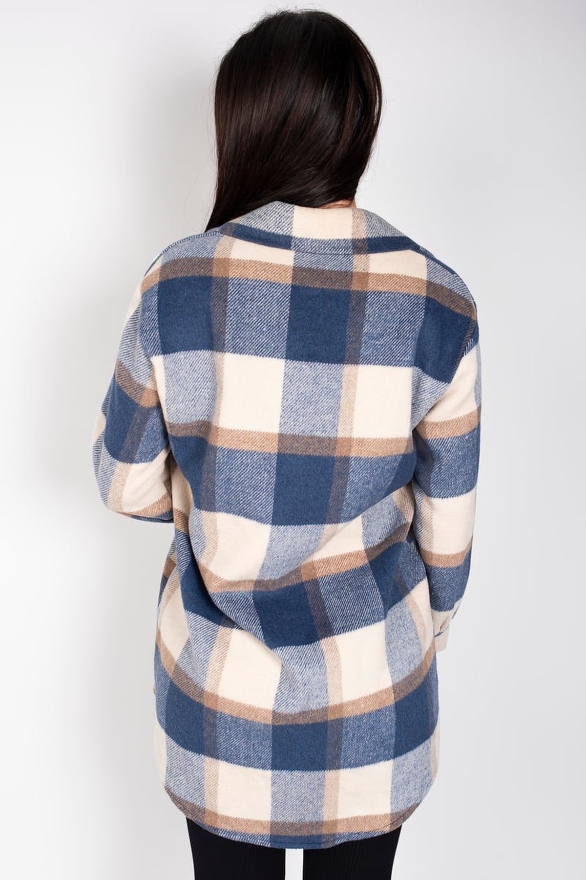 Luisa Plaid Print Long Sleeve Button Down Shacket - Blue