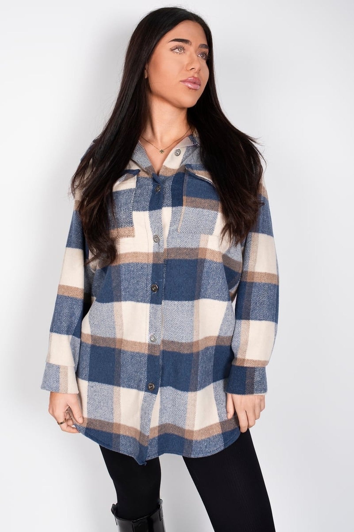 Luisa Plaid Print Long Sleeve Button Down Shacket - Blue