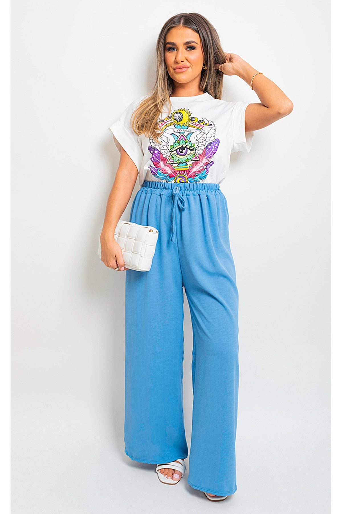 Mollie Drawstring Gathered Waist Wide Leg Trouser - Blue