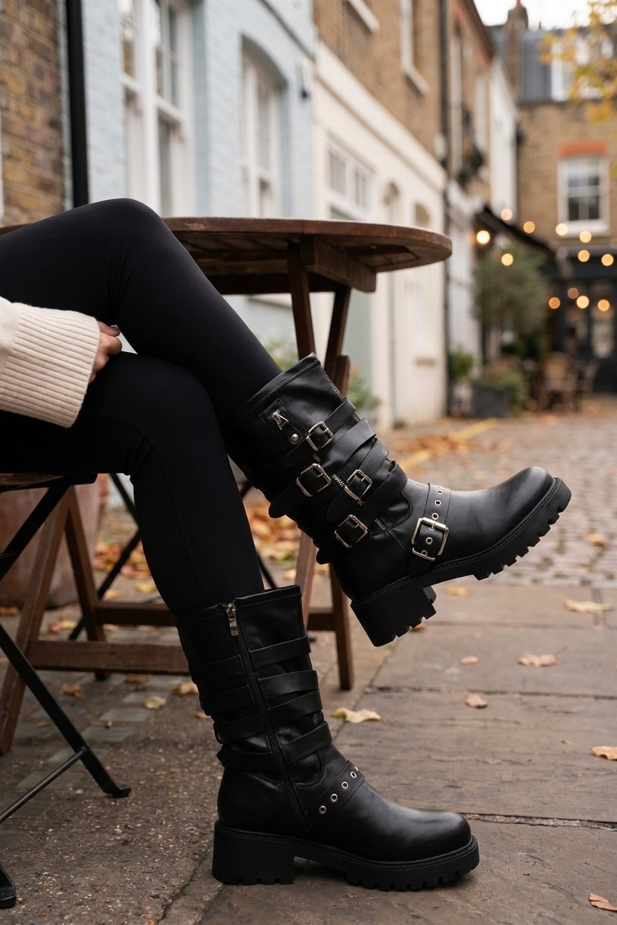 Pearl Faux Leather Multi Buckle Biker Boots - Black