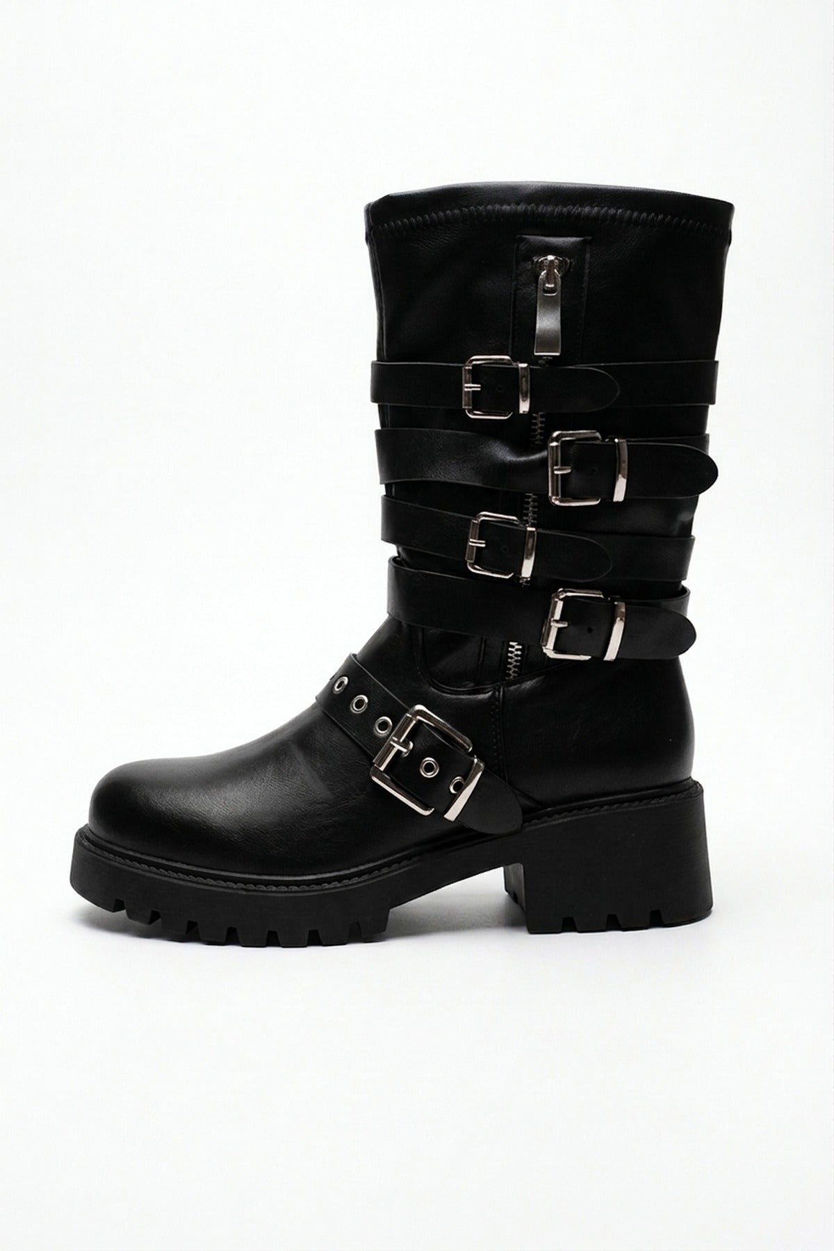 Pearl Faux Leather Multi Buckle Biker Boots - Black