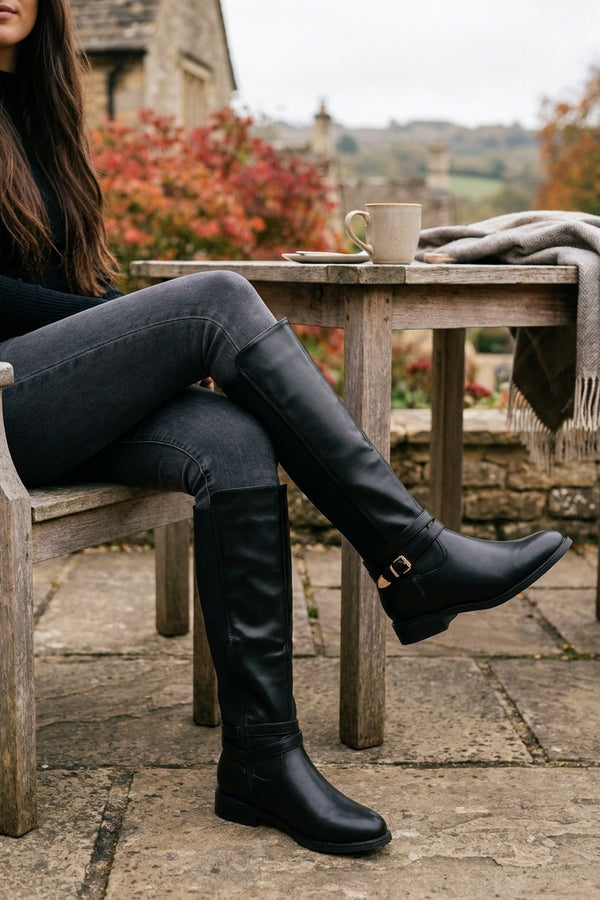 Mirabel Faux Leather Buckle Strap Knee High Riding Boots - Black